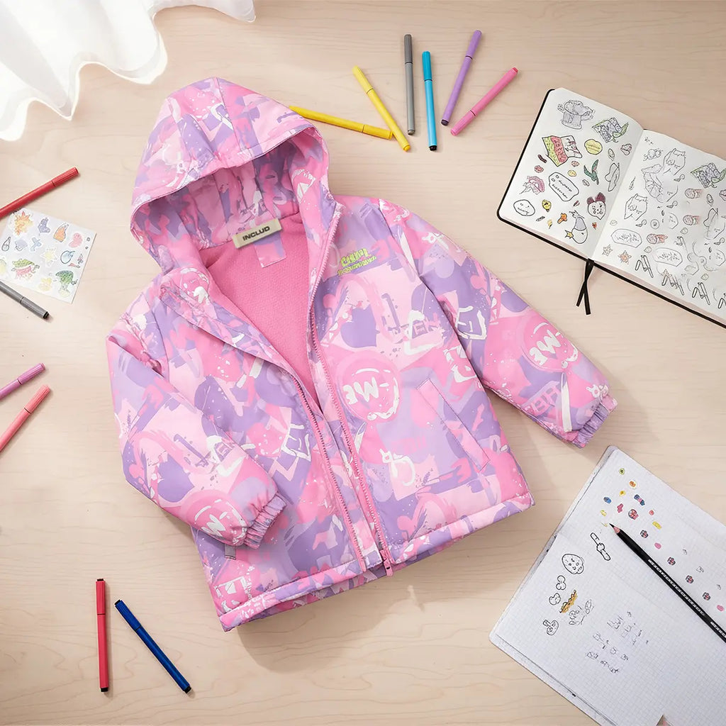 Girls Pink Abstract Printed Hooded Zipper Jacket Coats & Jackets Pink 3-4 Y
