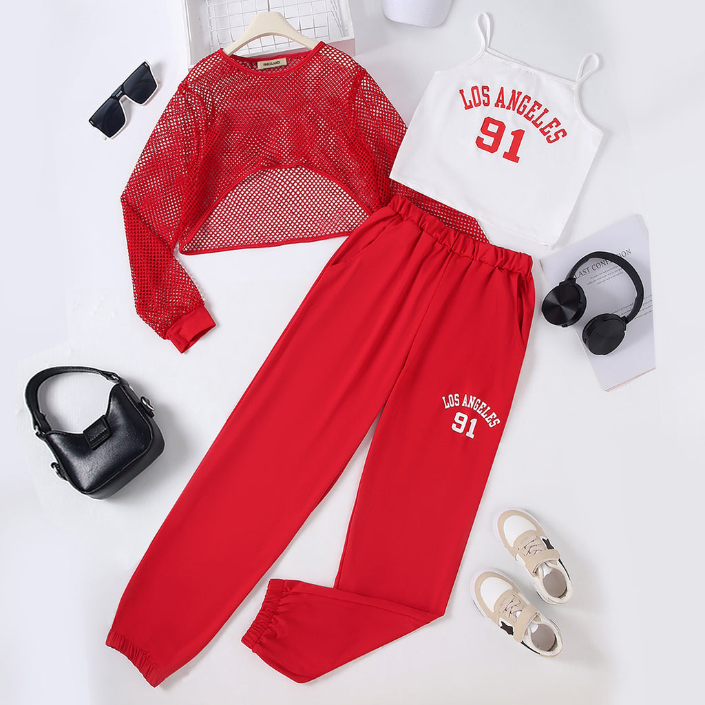 Girls Red Typographic Printed Summer Top With Camisole Top And Pants Sets 3 pc. Sets Red 12-13 Y