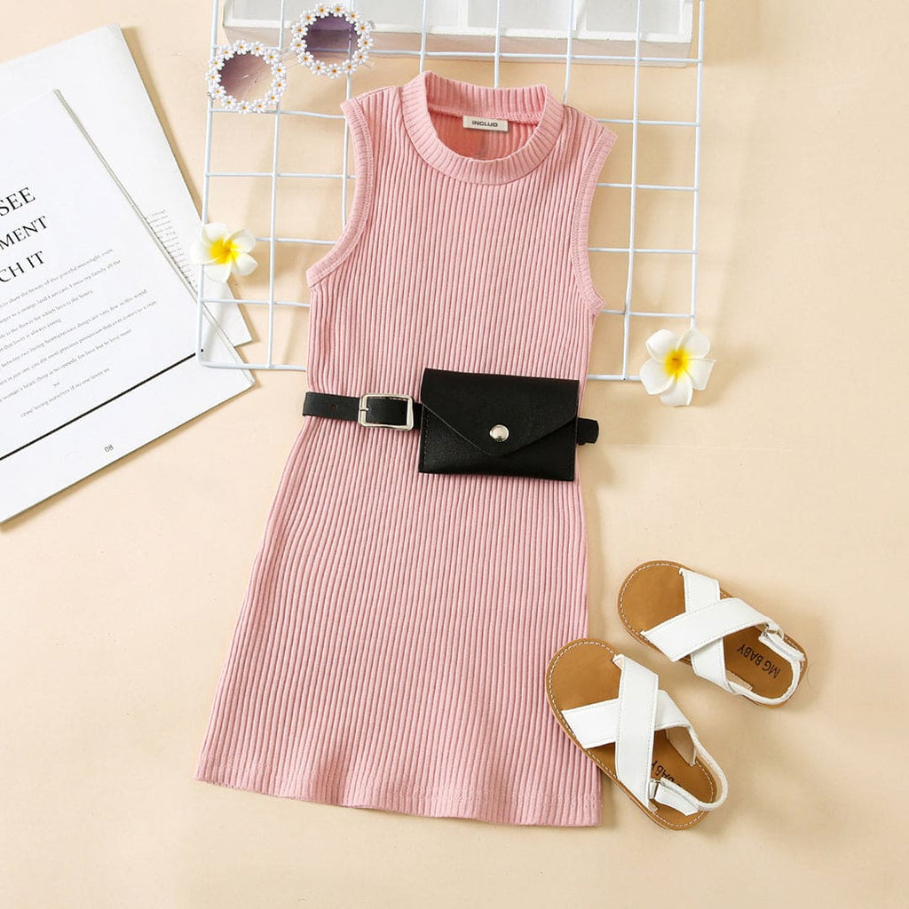 Girls Sleeveless Knitted A-Line Dress With Belt Casual Dresses Pink 1-2 Y 
