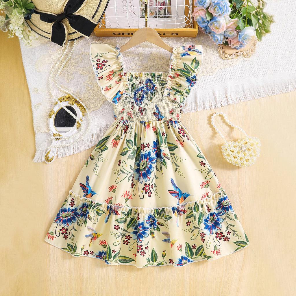 Girls Apricot Birds Printed Sleeveless Smocked Fit And Flared Casual Dress Casual Dresses Apricot 3-4 Y