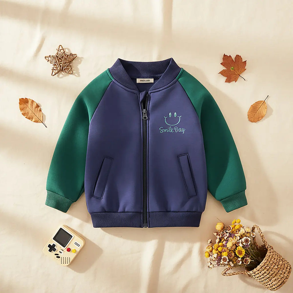 Boys Navy Blue Smiley Printed Varsity Jacket With Raglan Sleeves Coats & Jackets Navy Blue 1-2 Y