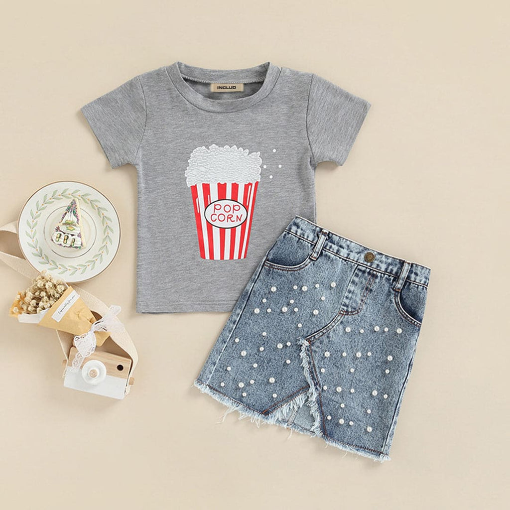 Girls Graphic Print T-shirt With Beaded Slit Denim Skirt Set Sets Gray 1-2 Y 