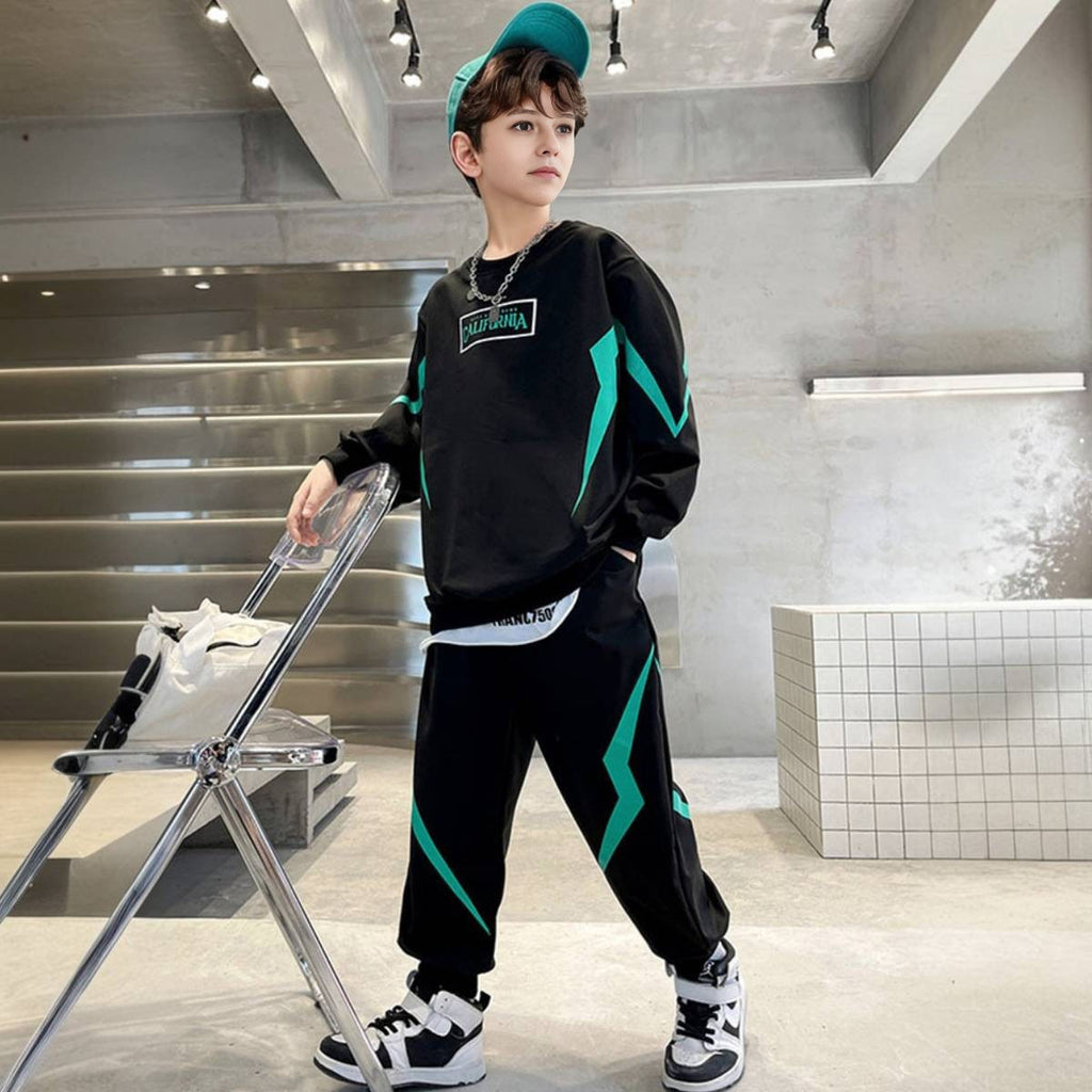Boys Black Typographic Printed Winter Sweatshirt With Jogger Set 2 pc. Sets Black 5-6 Y