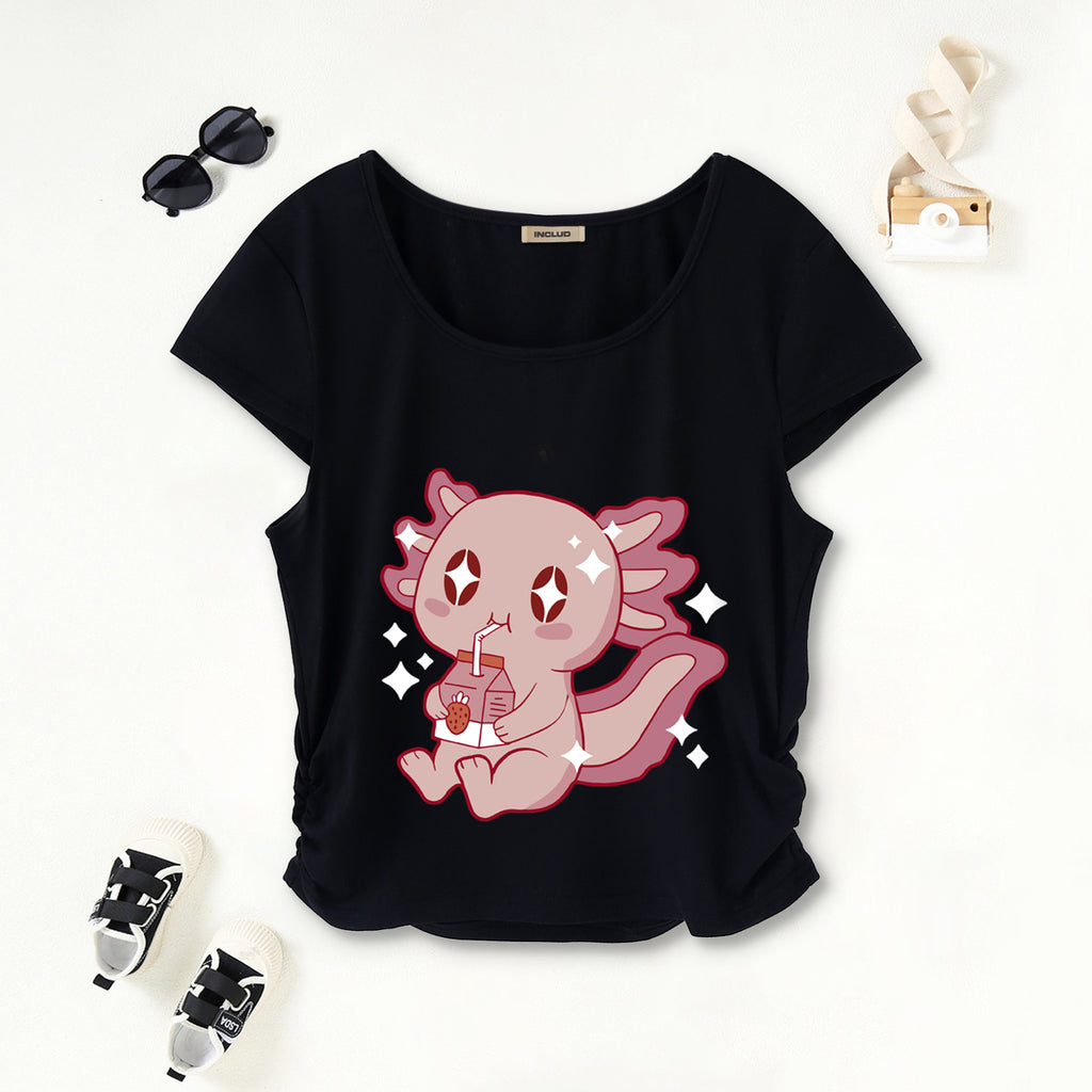 Girls Black Graphic Short Sleeves Scoop Neck T-Shirt Tshirts Black 7-8 Y
