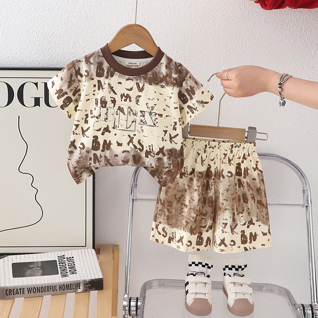 Boys Brown Abstract Printed Short Sleeves Round Neck T-Shirt With Shorts Set 2 pc. Sets Brown 1-2 Y