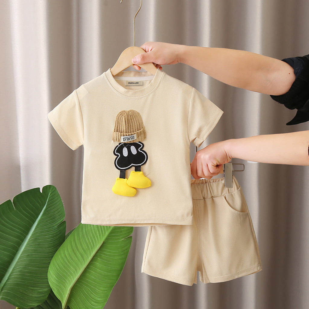 Boys Beige Cartoon Patched Short Sleeves T-Shirt With Shorts Set 2 pc. Sets Beige 1-2 Y
