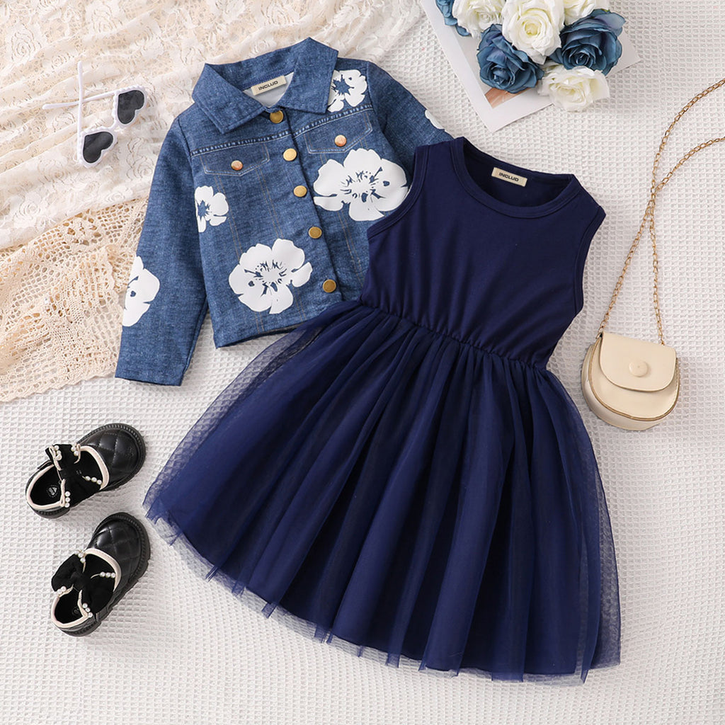 Girls Navy Tulle Overlay Dress with Full Sleeves Denim Jacket Casual Dresses Navy Blue 3-4 Y