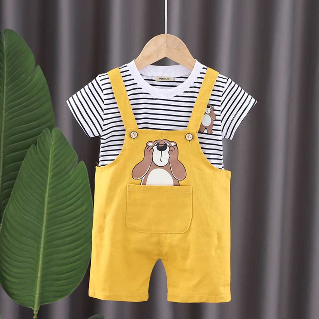 Boys Striped T-shirt with Printed Dungaree Set Sets Yellow 1-2 Y 