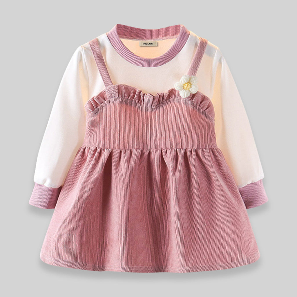 Girls Round Neck Self Design Cuffed Sleeves Maxi Casual Dresses Lilac 1-2 Y 