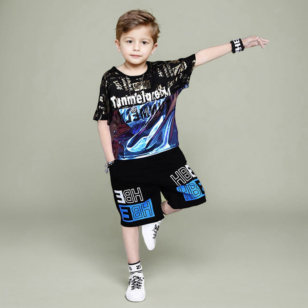 Boys Blue Metallic T-shirt with Printed Shorts Set Sets Blue 4-5 Y