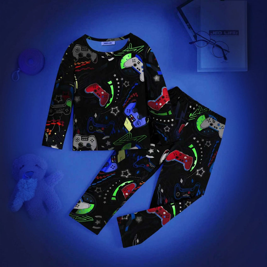 Boys Black Gaming Printed Glow in the Dark T-Shirt & Pajama Co-ord Set 2 pc. Sets Black 3-4 Y
