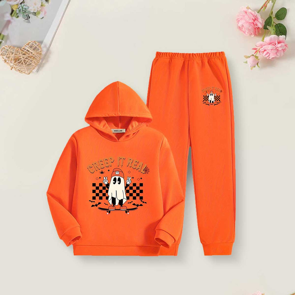 Boys Orange Ghost Skateboard Halloween Printed Sweatshirt With Jogger Co-ord Set 2 pc. Sets Orange 7-8 Y