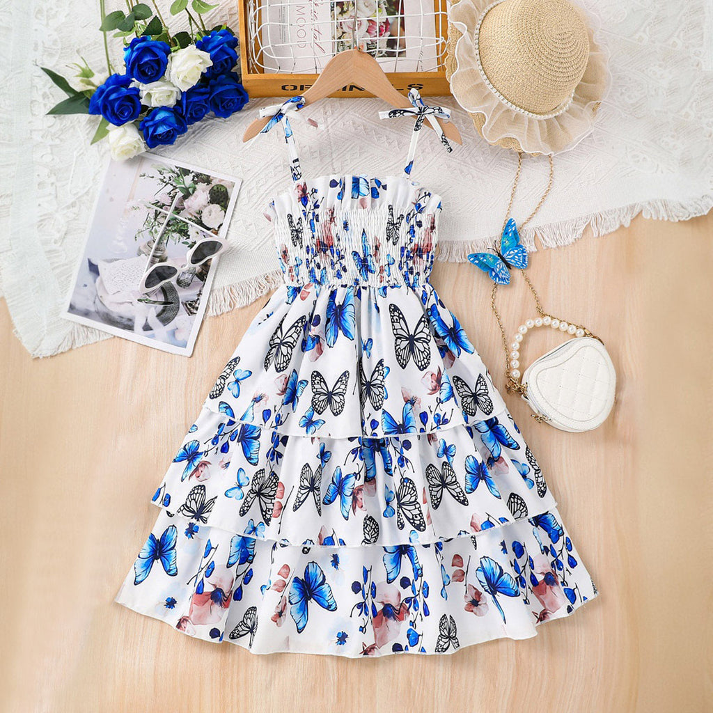Girls White Butterfly Printed Sleeveless Smocked Fit And Flared Summer Casual Dress Casual Dresses White 3-4 Y
