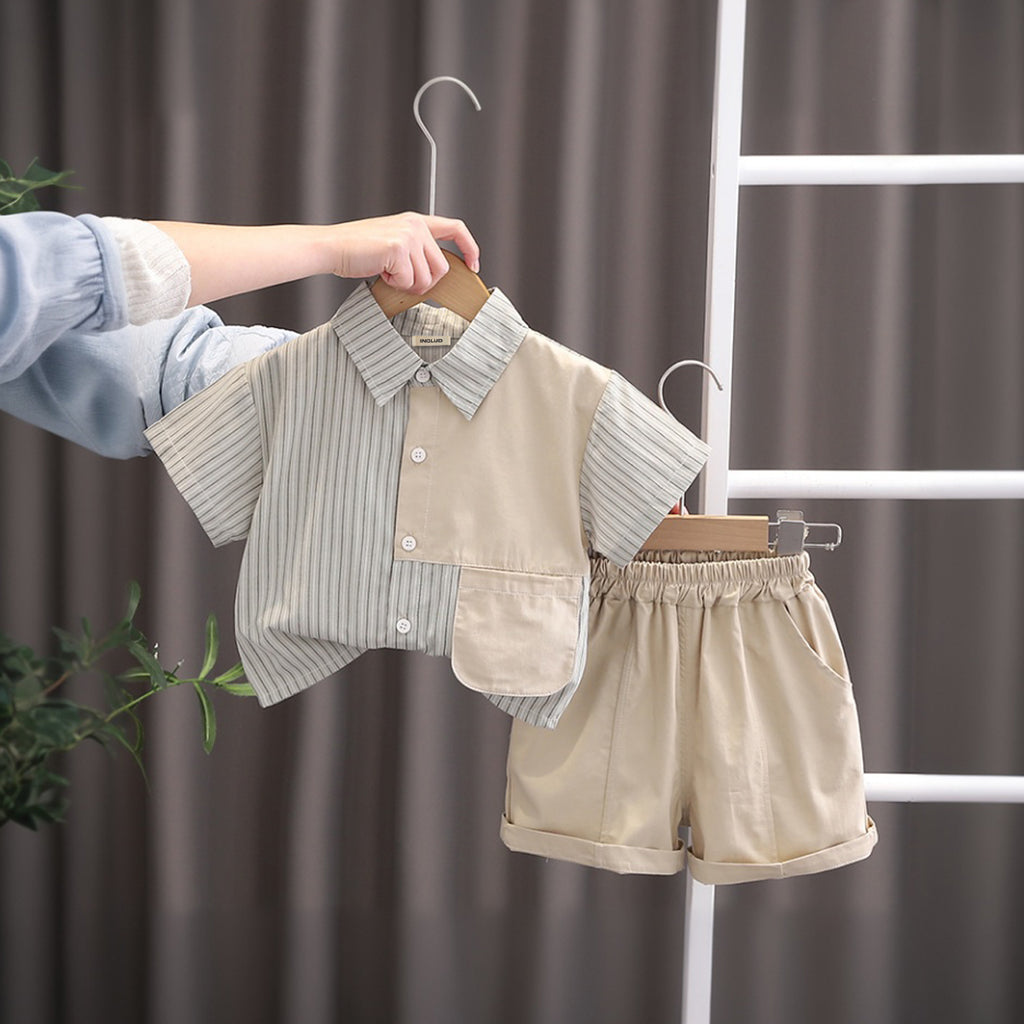 Boys Grey Striped Short Sleeves Shirt With Elasticated Shorts Set 2 pc. Sets Grey 1-2 Y