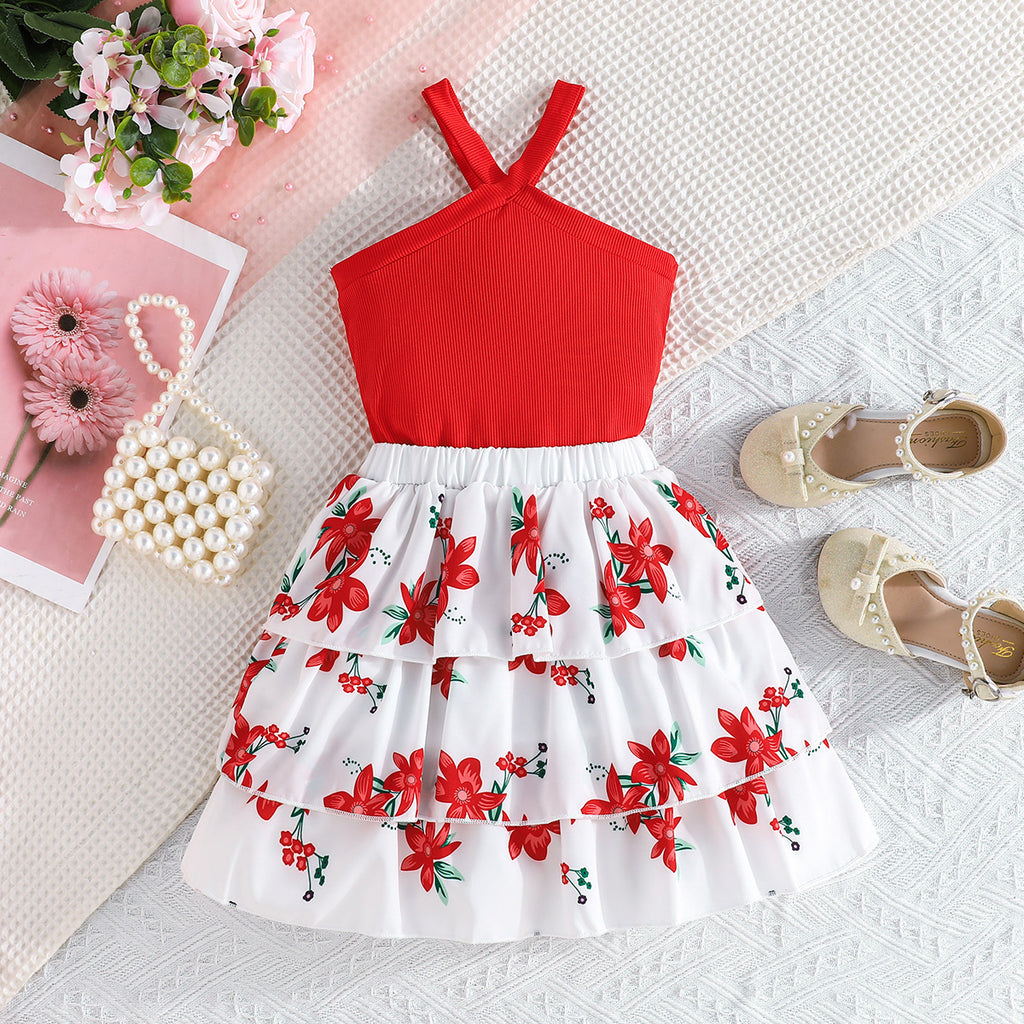 Girls Red Halter Top With Floral Printed Tired Skirt Set 2 pc. Sets Red 3-4 Y