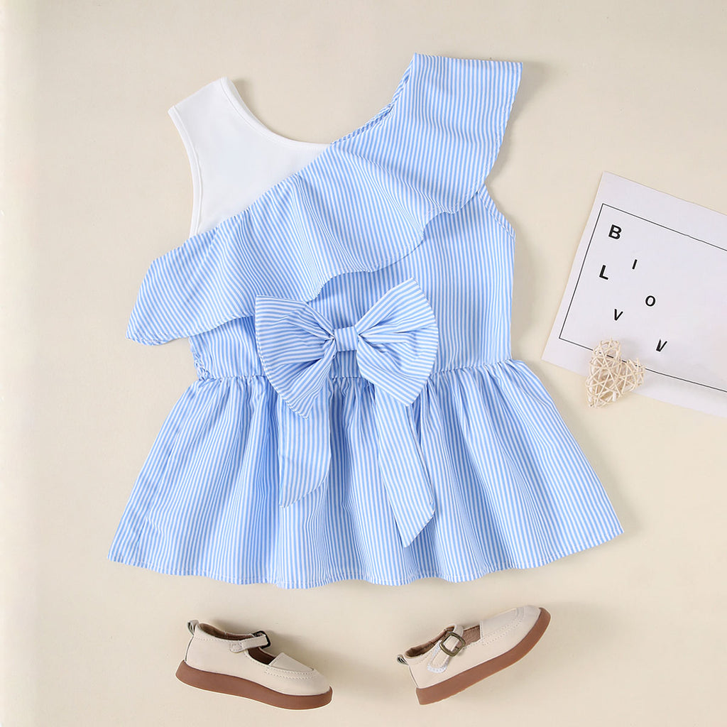 Girls Blue Stripes Sleeveless Summer Tops With Bow Tops Blue 7-8 Y