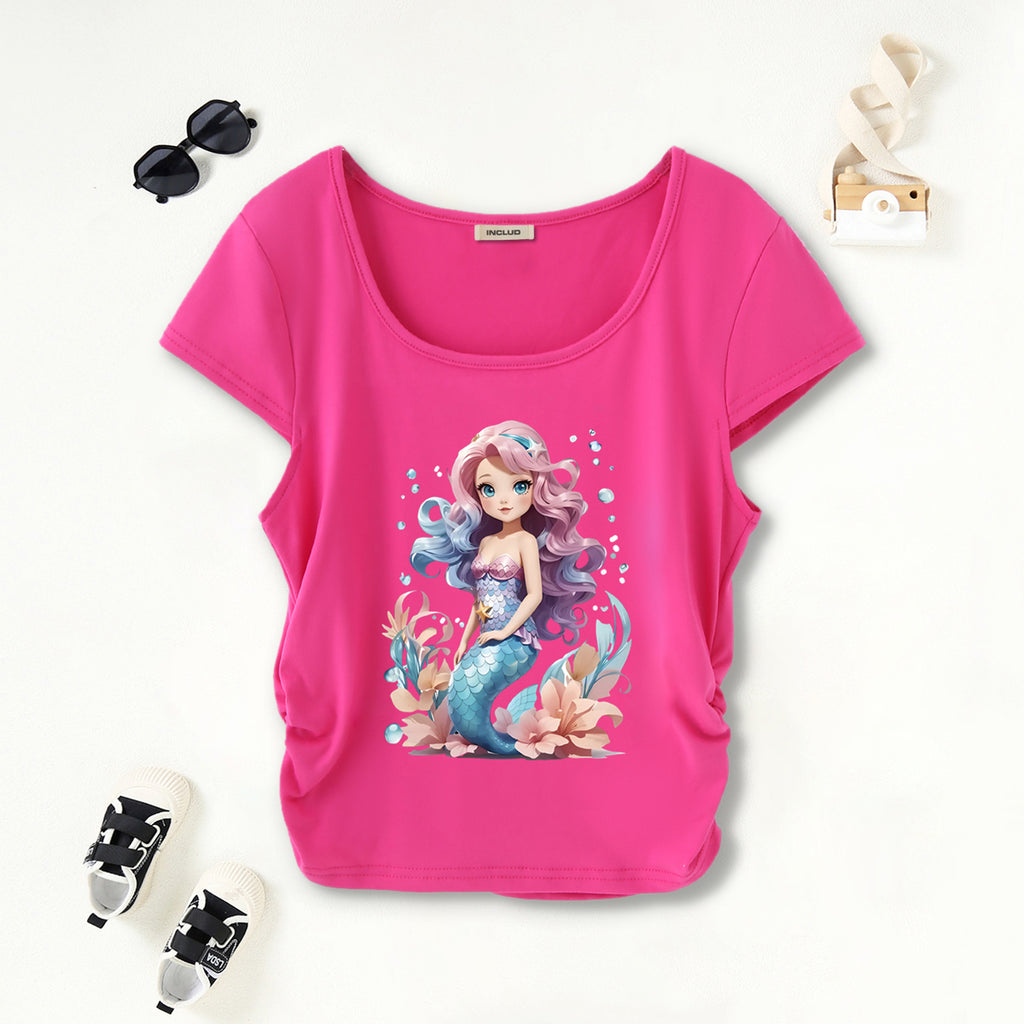 Girls Pink Mermaid Print Short Sleeves Scoop Neck T-Shirt Tshirts Pink 7-8 Y