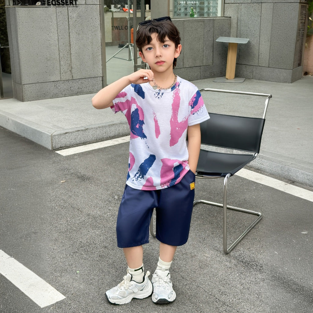 Boys White Abstract Printed Short Sleeve T-Shirt With Shorts Sets 2 pc. Sets White 5-6 Y