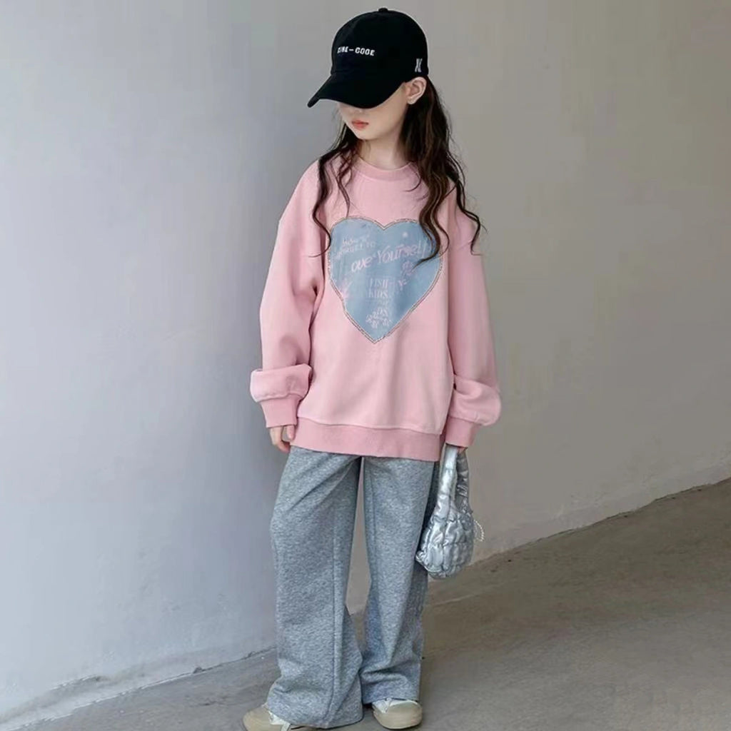 Girls Pink Heart Patch Embroidered Oversized Sweatshirt With Pants Sets Sets Pink 7-8 Y