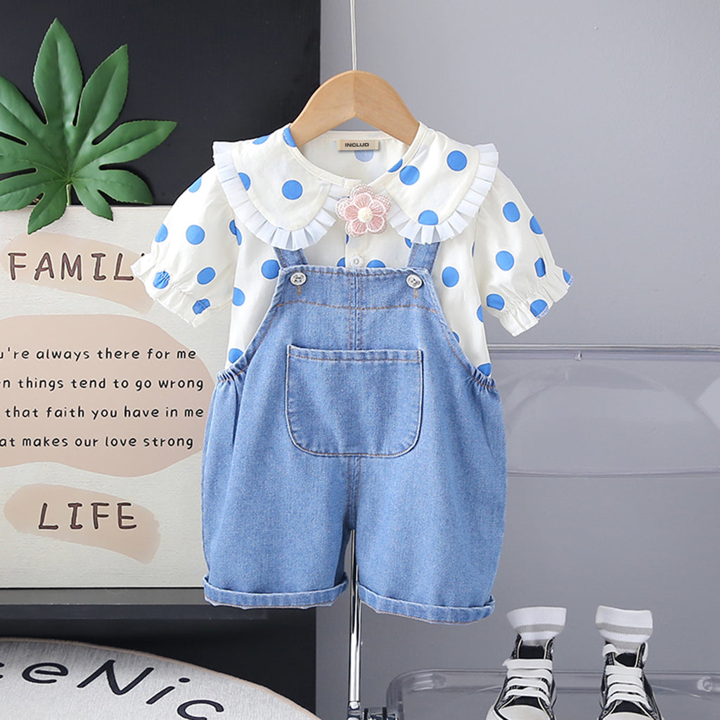 Girls Blue Polk Dot Printed Puff Sleeves Top With Denim Dungaree Set 2 pc. Sets Blue 1-2 Y
