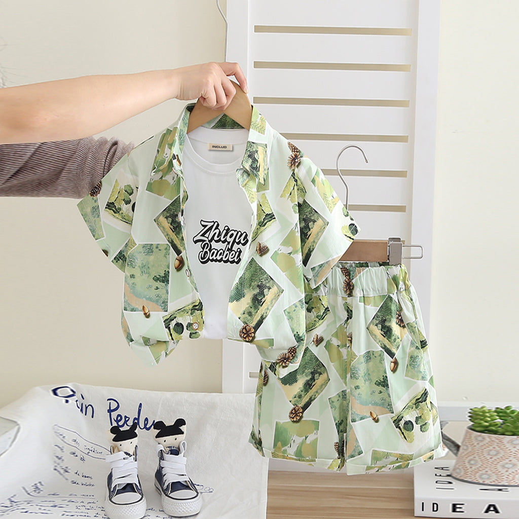 Boys Green Graphic Printed Shirt With T-Shirt And Shorts Set 3 pc. Sets Green 1-2 Y