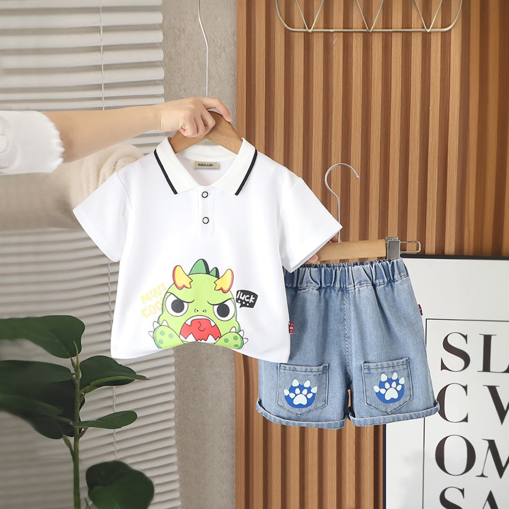 Boys White Cartoon Graphic Polo T-Shirt With Denim Shorts Set 2 pc. Sets White 1-2 Y
