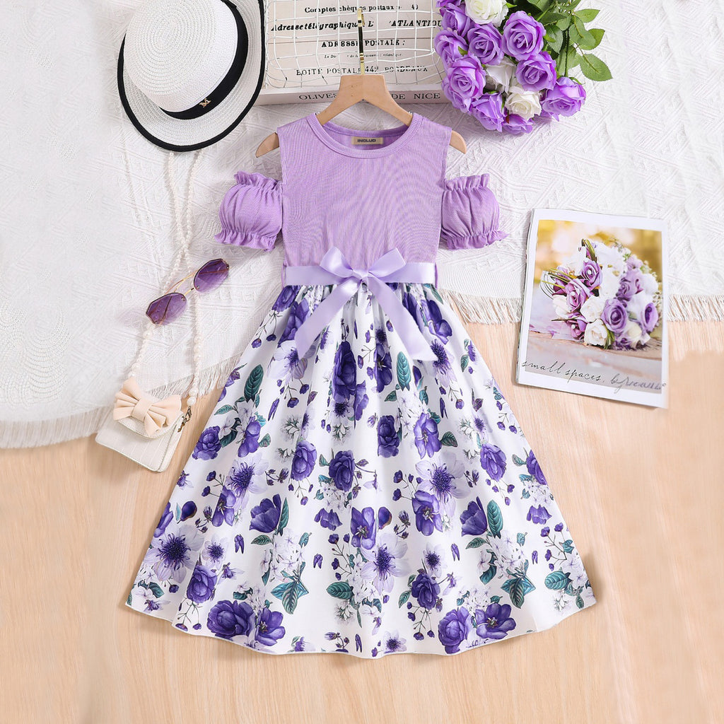 Girls Purple Floral Printed Cold Shoulder Fit And Flared Dress Casual Dresses