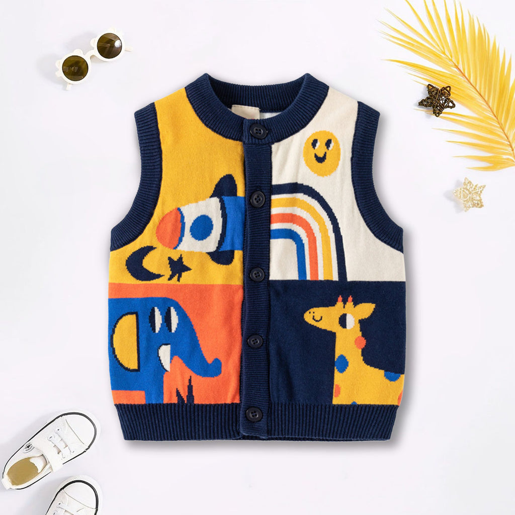 Girls Yellow Sweater Vest With Self-Design Animal Patterns Sweaters & Cardigans Yellow 2-3 Y