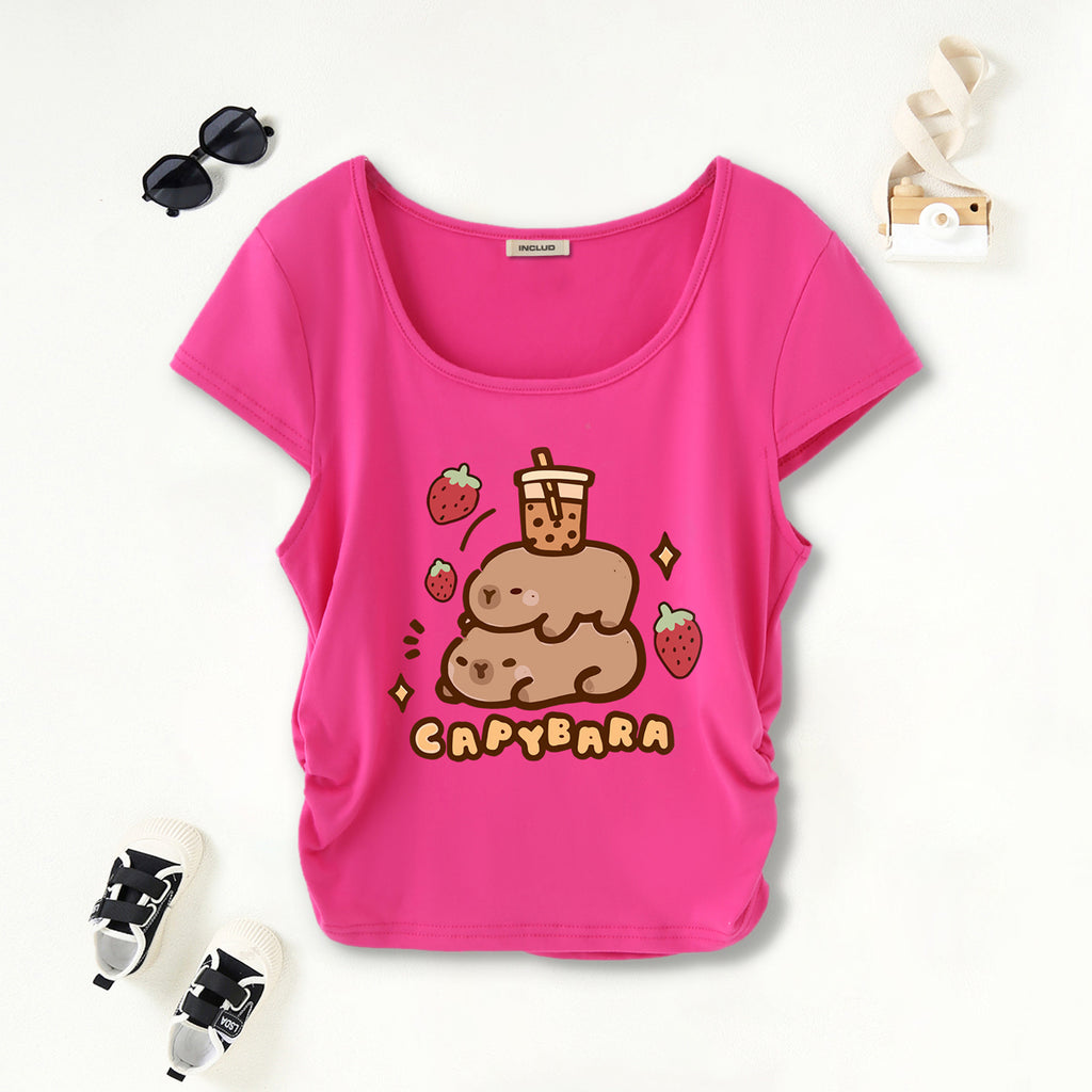 Girls Fuchsia Cartoon Printed Short Sleeves Scoop Neck T-Shirt Tshirts Fuchsia 7-8 Y