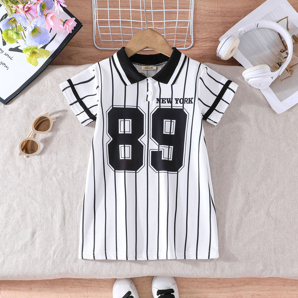 Girls Black Stripes Short Sleeve Printed T-Shirt Dress Casual Dresses Black 3-4 Y