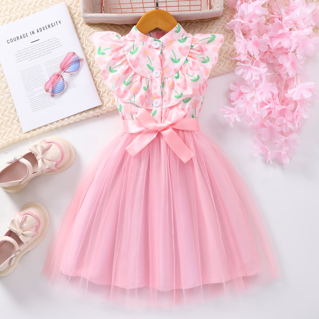 Girls Pink Heart Print Mandarin Collar Shirt Dress Casual Dresses Pink 2-3 Y