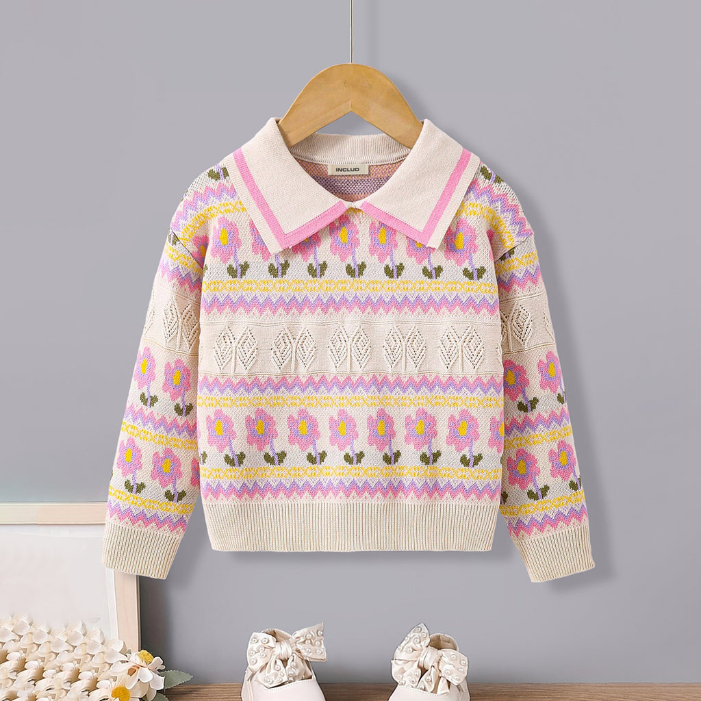 Girls Cream Floral Pattern Shirt Collar Pullover Sweaters & Cardigans Cream 3-4 Y