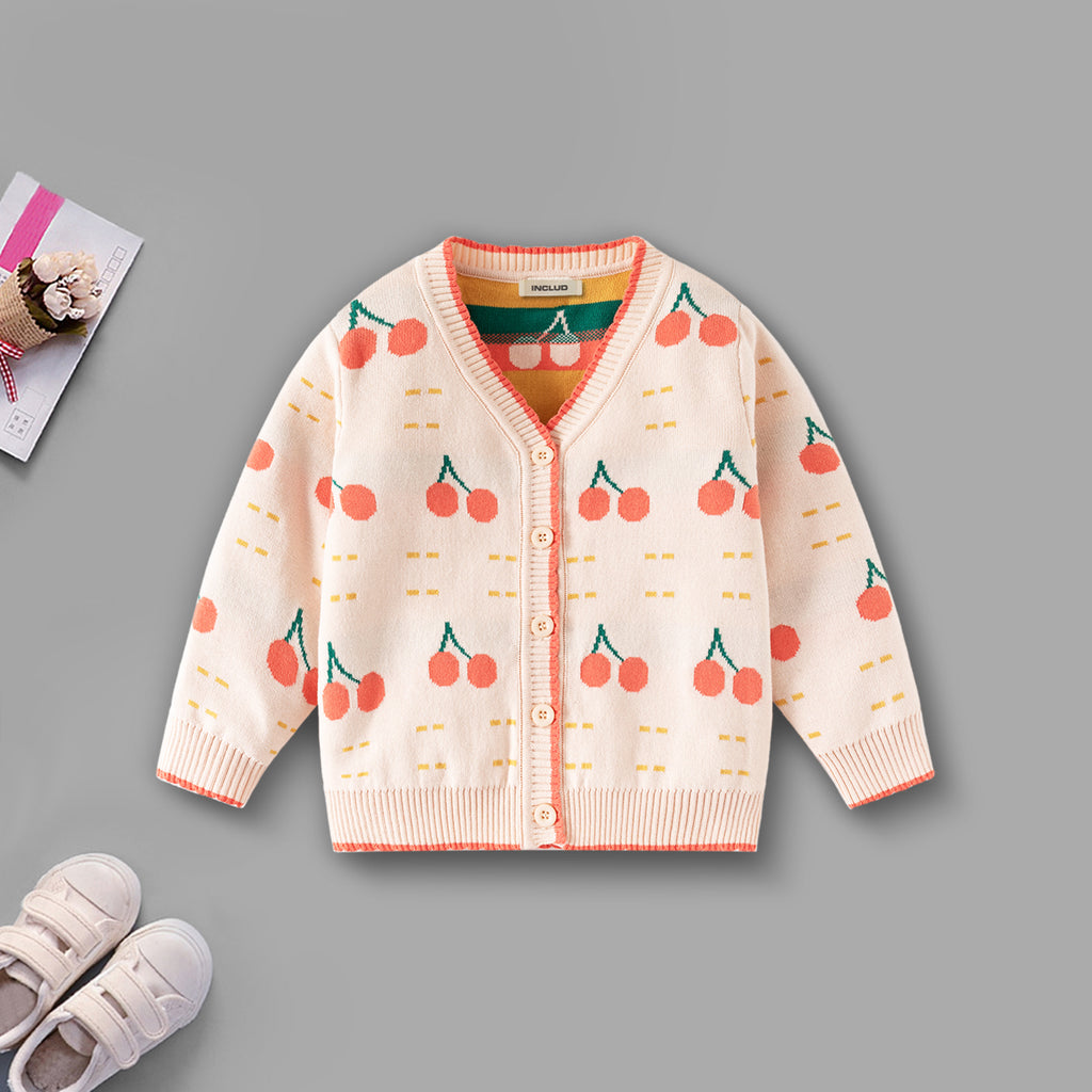 Girls Apricot Cardigan With Self-Design Cherry Patterns Sweaters & Cardigans Apricot 2-3 Y