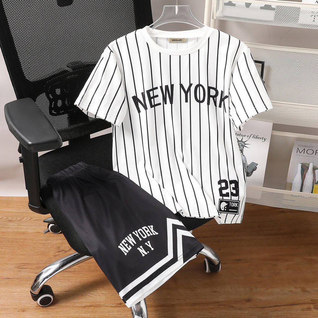Boys Striped Short Sleeves T-Shirt With Black Shorts Set 2 pc. Sets Black 7-8 Y