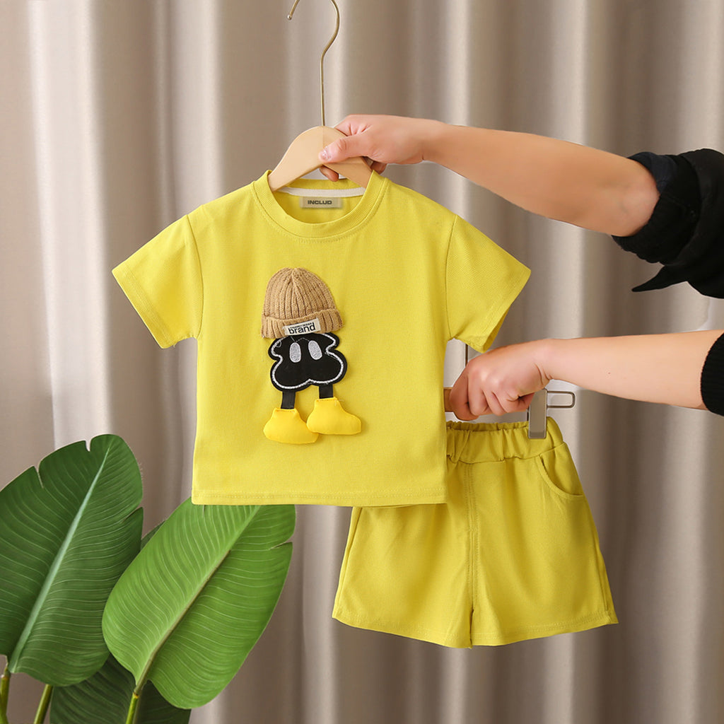 Boys Yellow Cartoon Patched Short Sleeves T-Shirt With Shorts Set 2 pc. Sets Yellow 1-2 Y