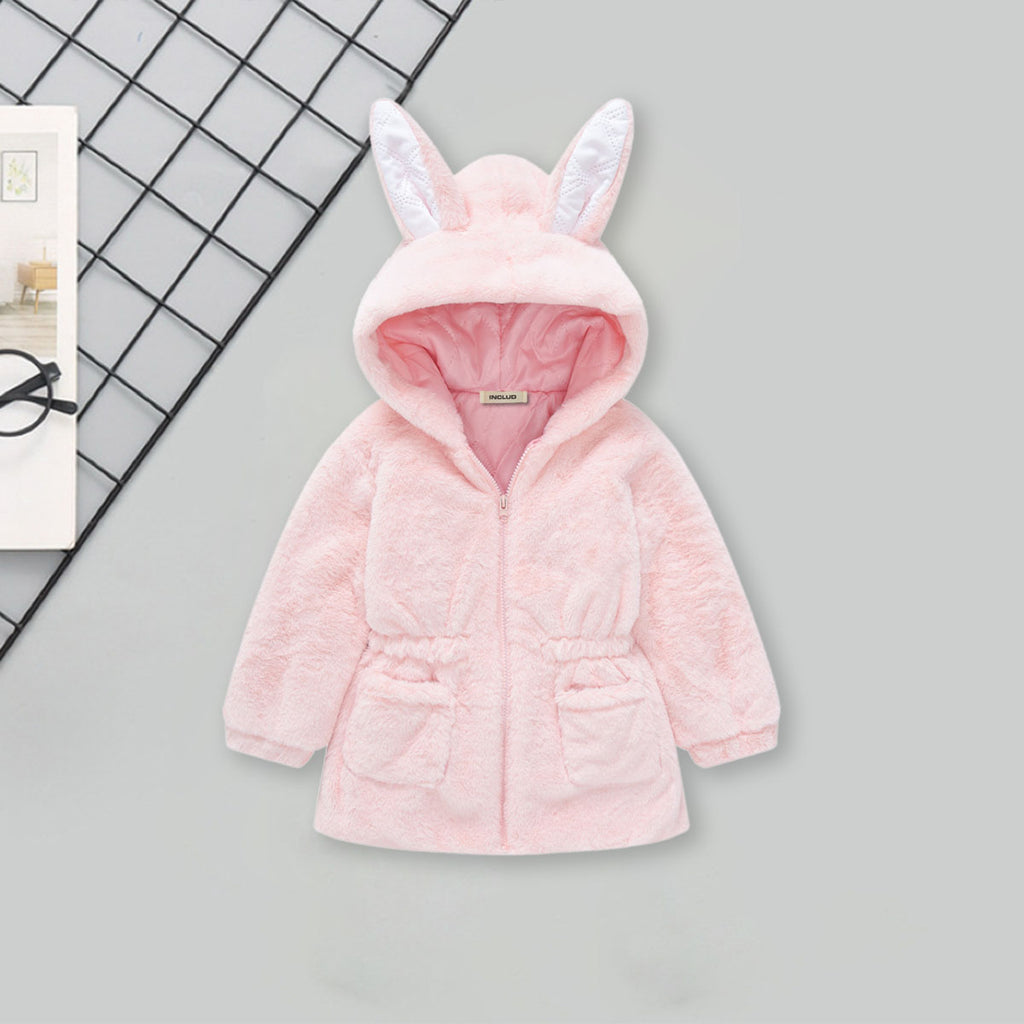 Girls Light Pink Solid Polar Fleece Ear Hooded Jacket Coats & Jackets Light Pink 1-2 Y