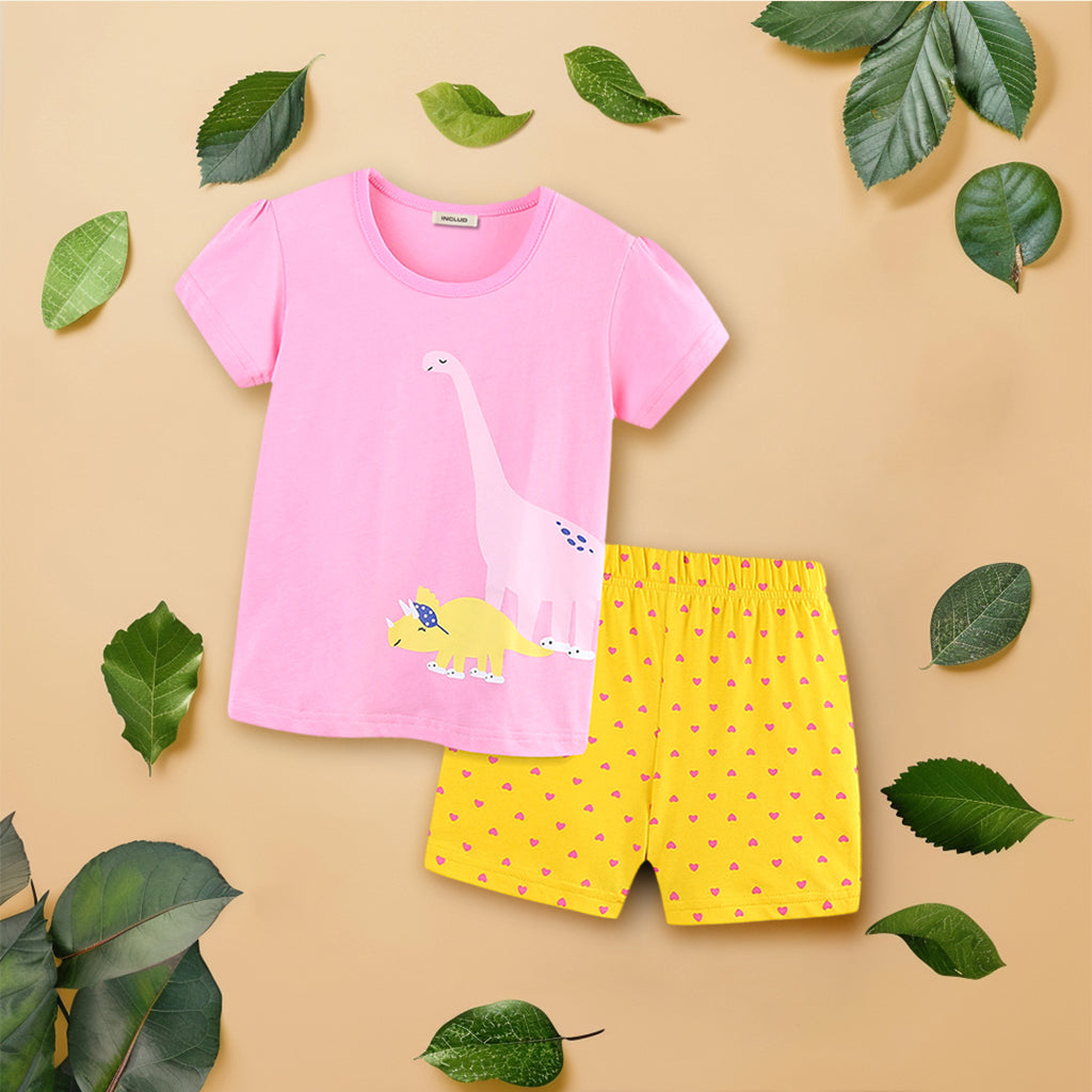 Girls Dinosaur Printed T-Shirt With Shorts Sets Pink 1-2 Y 