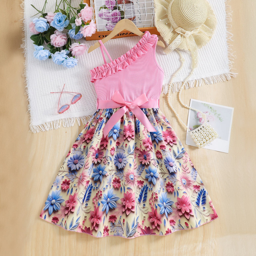 Girls Pink Floral Printed One Shoulder Fit And Flared Midi Casual Dress Casual Dresses Pink 3-4 Y