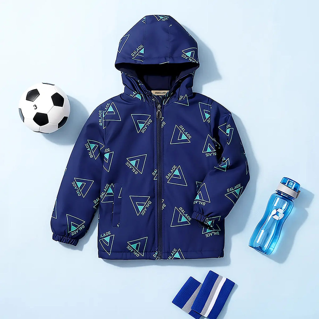 Boys Blue Triangle Printed Reversible Hooded Zipper Jacket Coats & Jackets Blue 3-4 Y