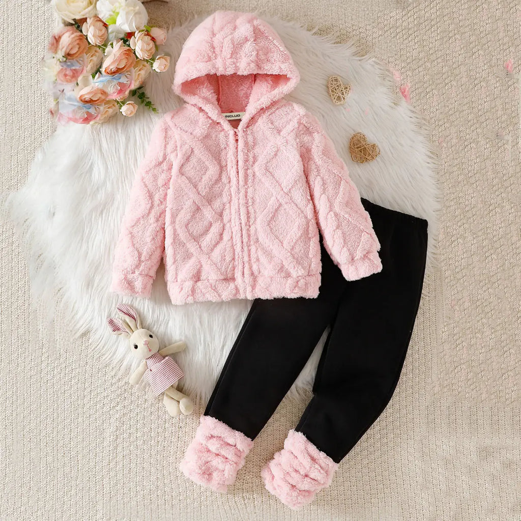 Girls Pink Self-Design Hooded Zipper jacket With Pant Sets 2 pc. Sets Pink 3-4 Y