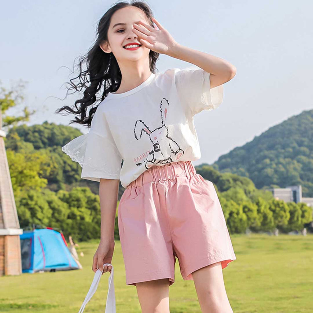Girls Rabbit Graphic T-Shirt With Shorts Set 2 pc. Sets Pink 5-6 Y 