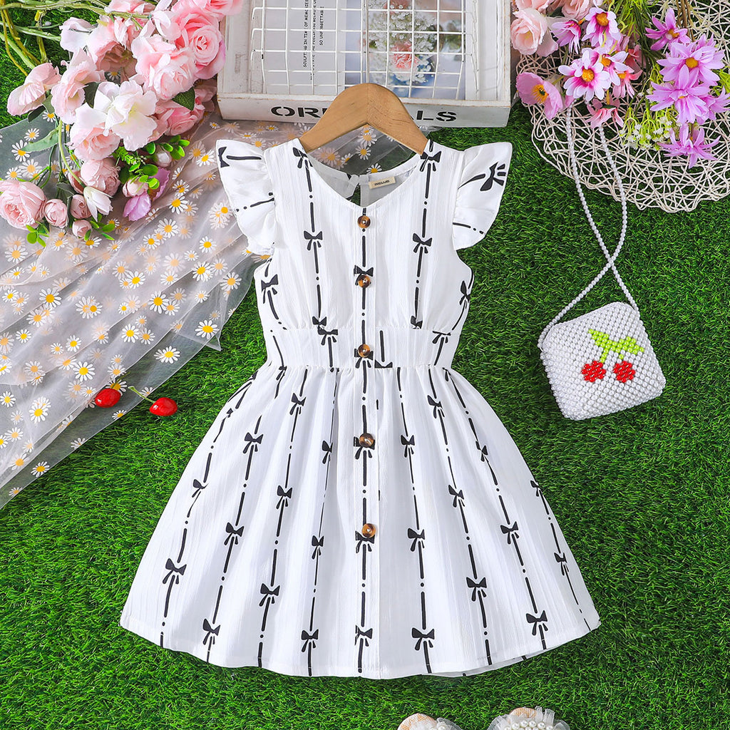 Girls White Bow Printed Fit & Flare Casual Dress Casual Dresses