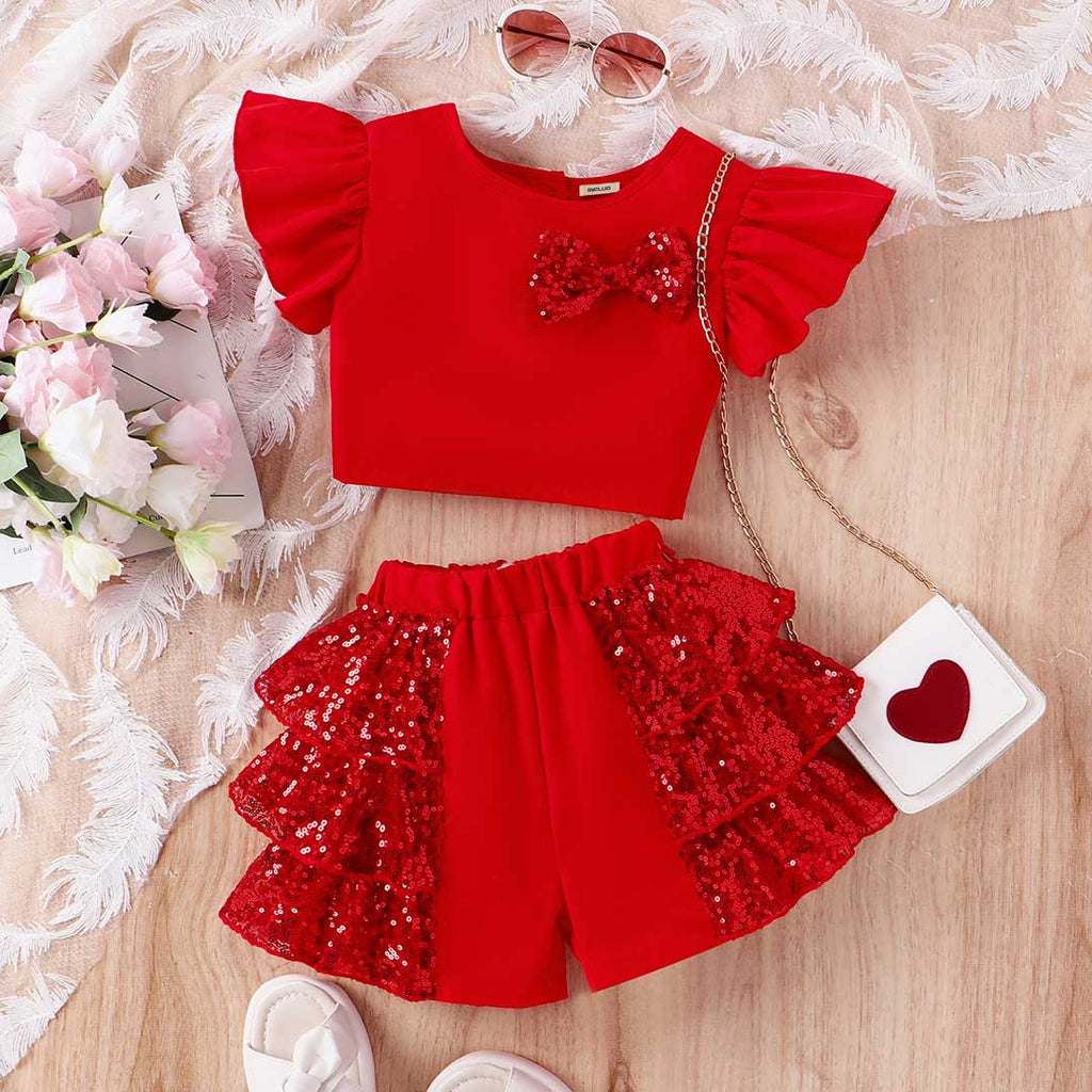 Girls Embellished Party Wear Top & Shorts Set Party Dresses Red 4-5 Y 
