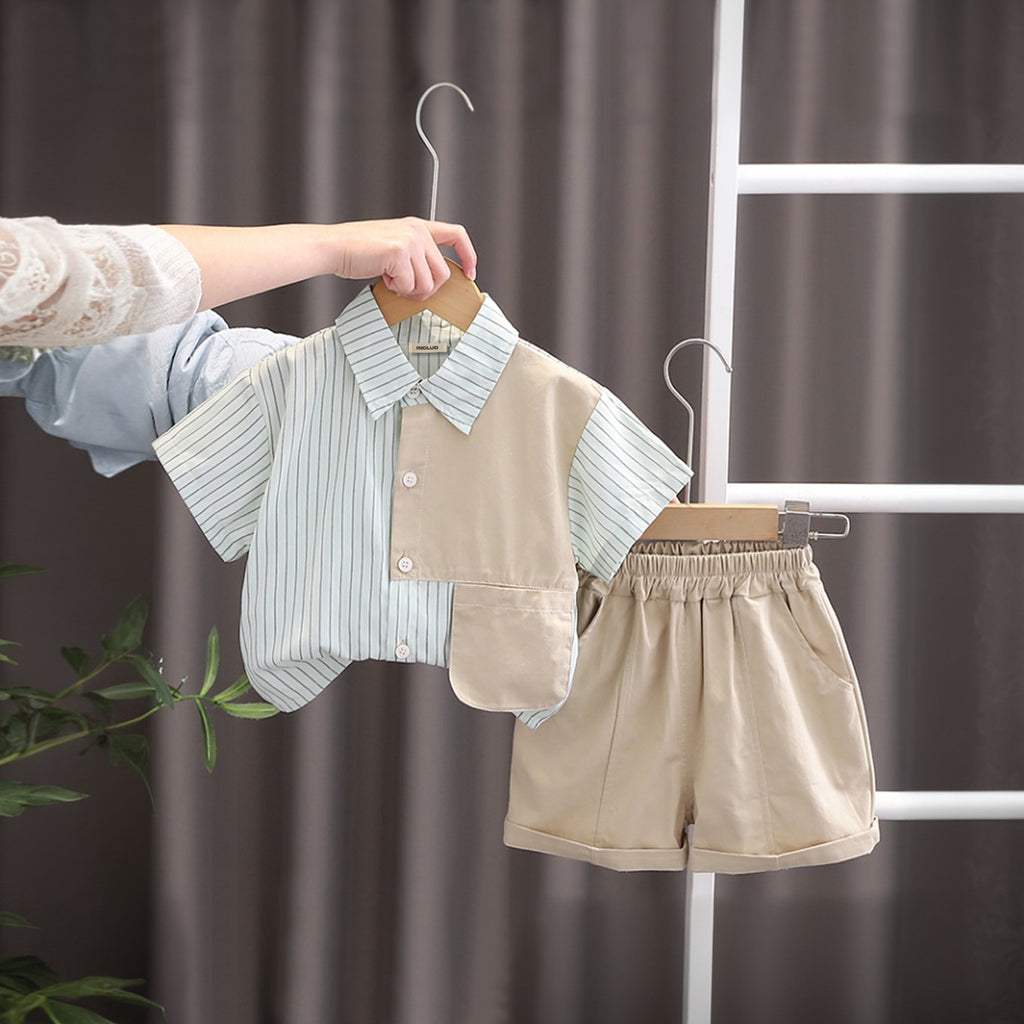 Boys Green Striped Short Sleeves Shirt With Shorts Set 2 pc. Sets Green 1-2 Y