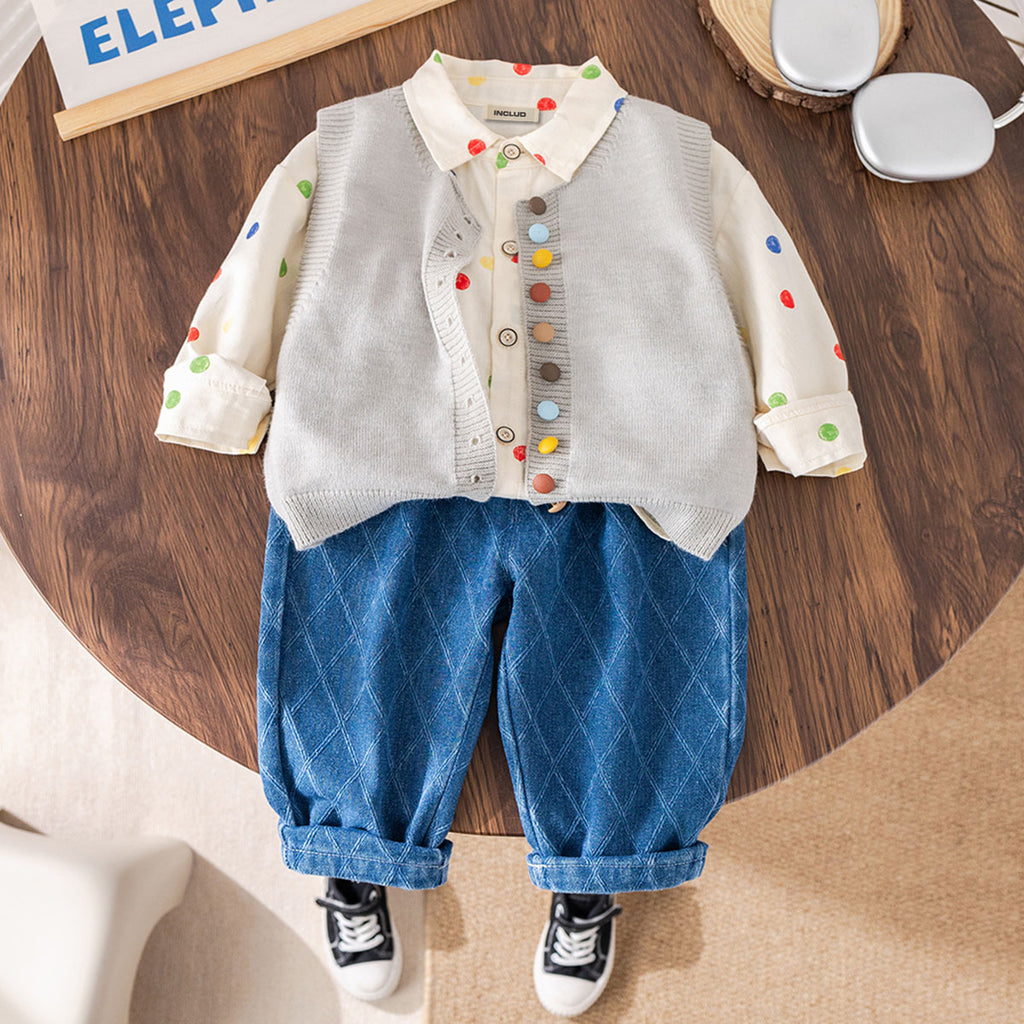 Boys Light Grey Solid Sleeveless Cardigan With Printed Shirt & Denim Pants Set Sets Light Grey 1-2 Y
