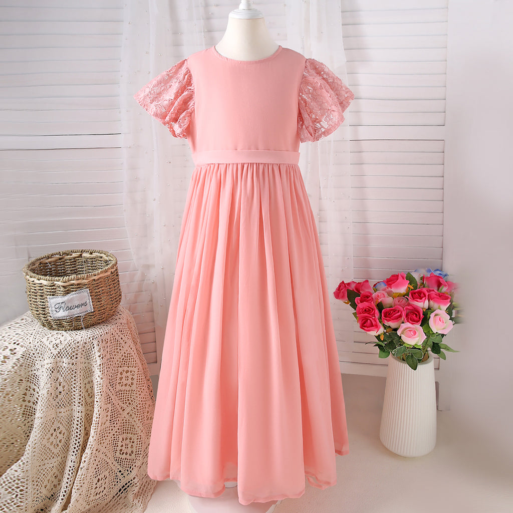 Girls Peach Solid Laced Short Sleeves Drop Waist Dress Casual Dresses Peach 7-8 Y