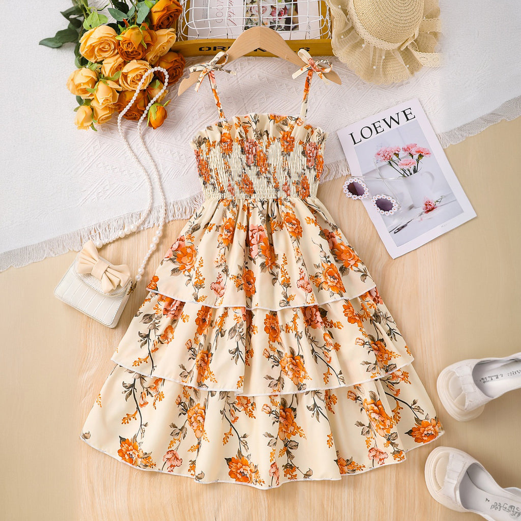 Girls Orange Floral Printed Sleeveless Smocked Fit & Flare Casual Dress Casual Dresses Orange 3-4 Y