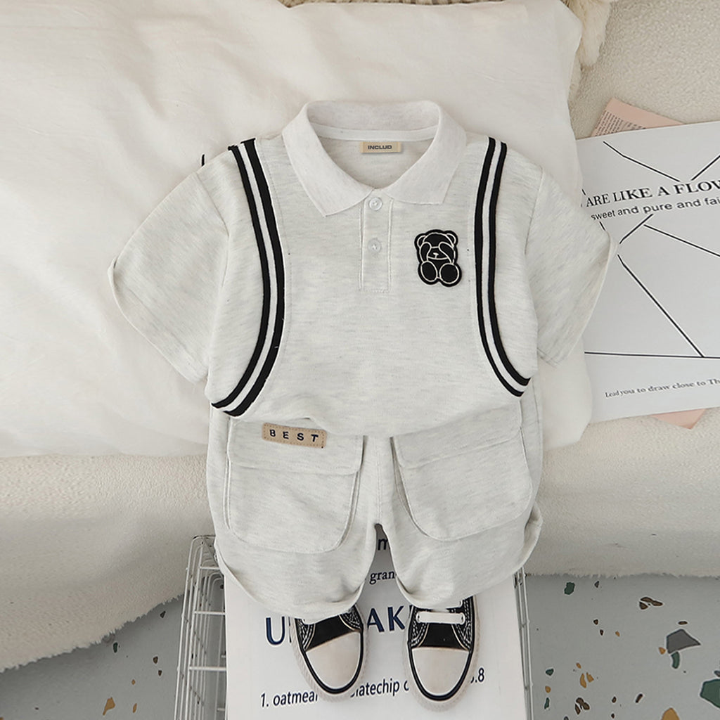 Boys Light Grey Side Striped Short Sleeves Polo T-Shirt With Shorts set 2 pc. Sets Light Grey 1-2 Y