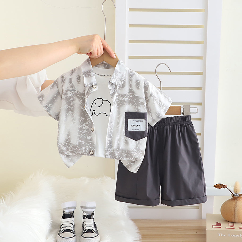 Boys Grey Typographic Printed Shirt With T-Shirt And Shorts Set Sets Grey 1-2 Y