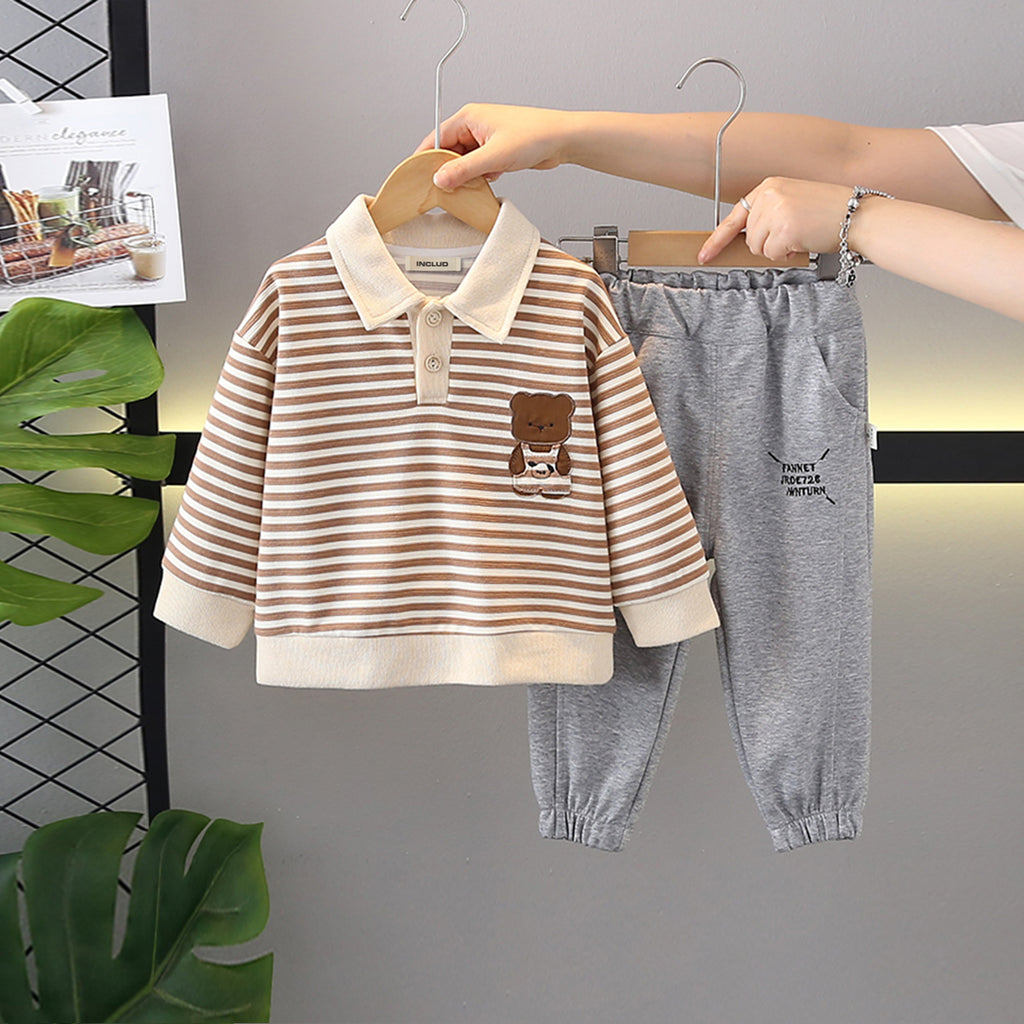 Boys Brown Stripes Polo Sweatshirt With Joggers Set 2 pc. Sets Brown 1-2 Y